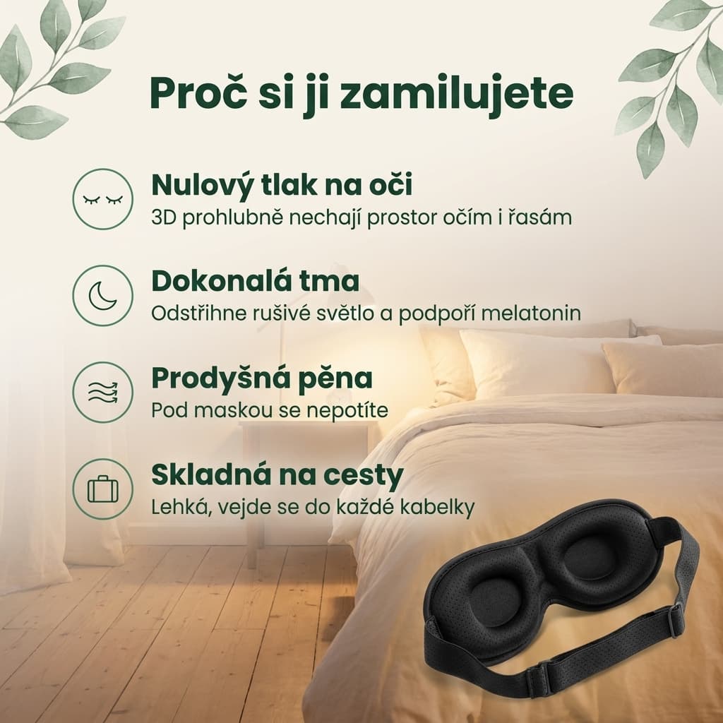 3D maska na spaní – nulový tlak na oči, dokonalá tma a prodyšná pěna
